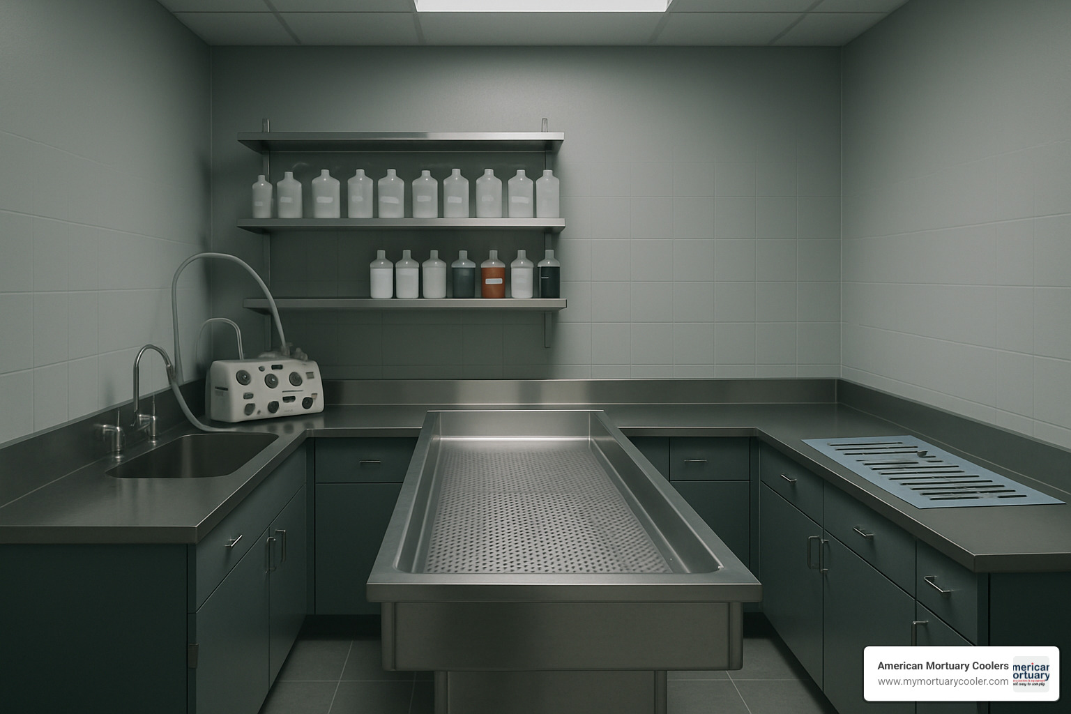 Embalming room with preparation table and equipment - mortuary or morgue