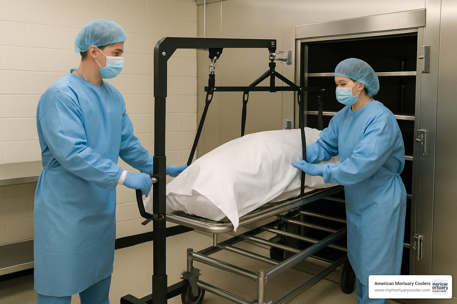 Safe body handling procedures with mortuary lift equipment - 4 body mortuary cooler