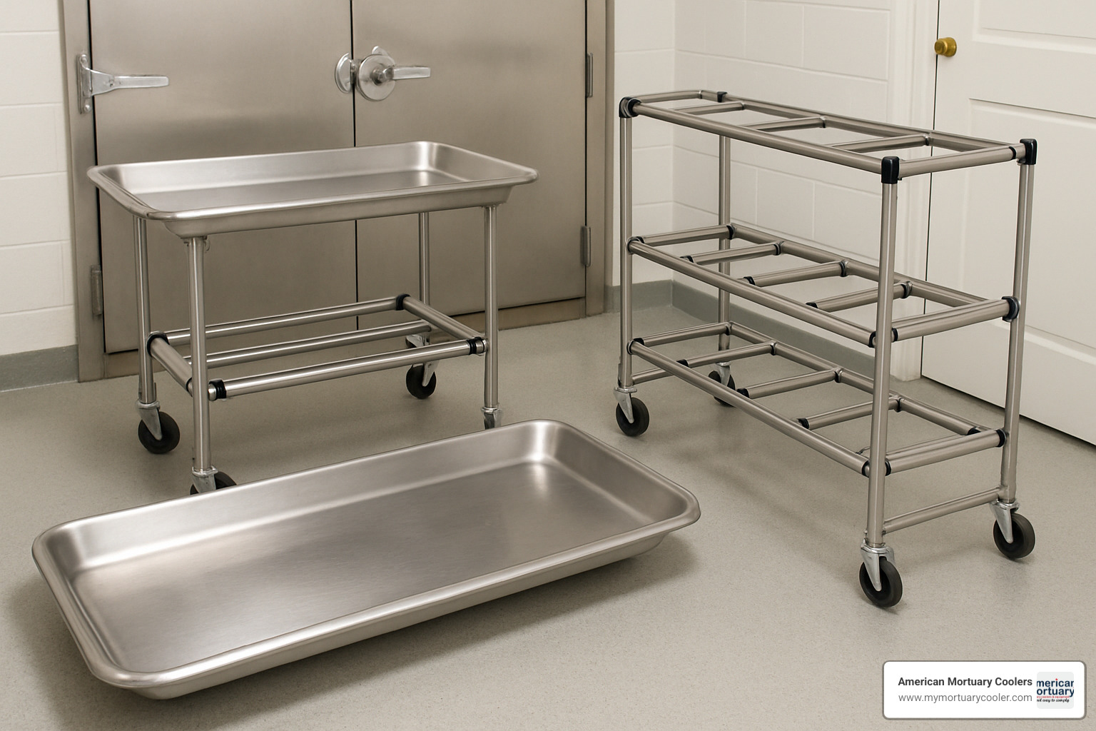 Mortuary cooler accessories including body trays and roller racks - 4 body mortuary cooler