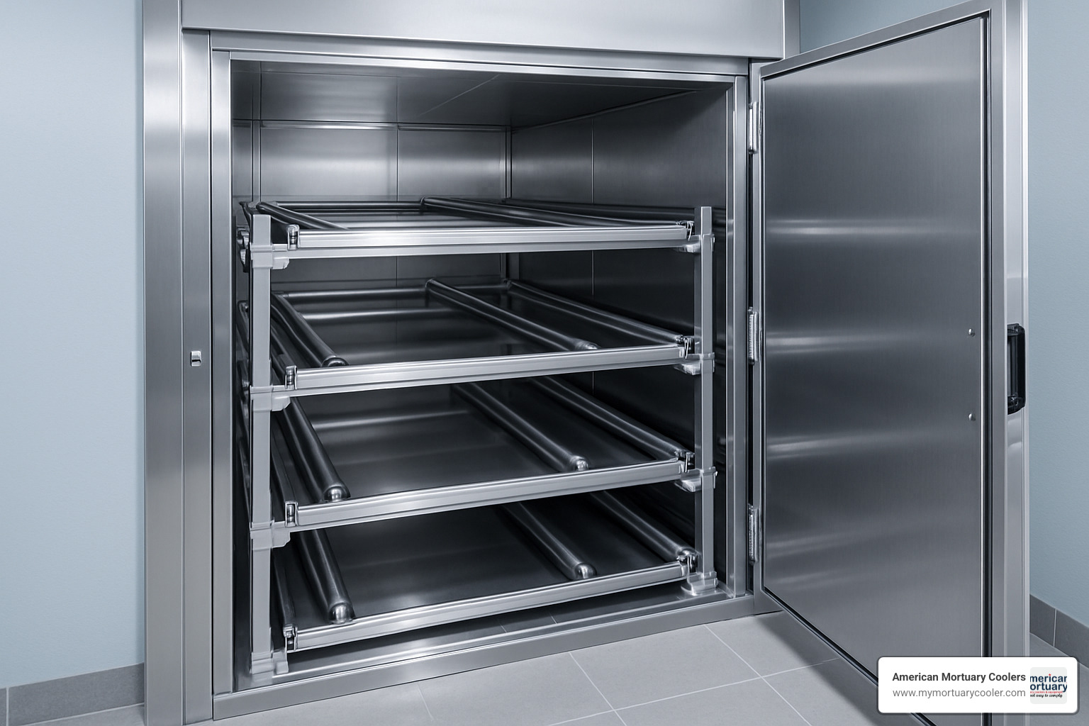 4 tier roller rack system for mortuary cooler - 4 body mortuary cooler