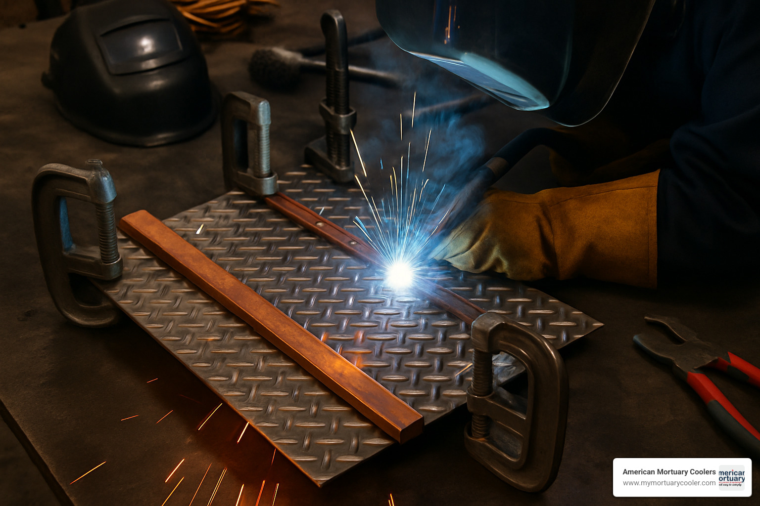 Fixturing setup for diamond plate welding showing copper backers and clamps - diamond plate welding