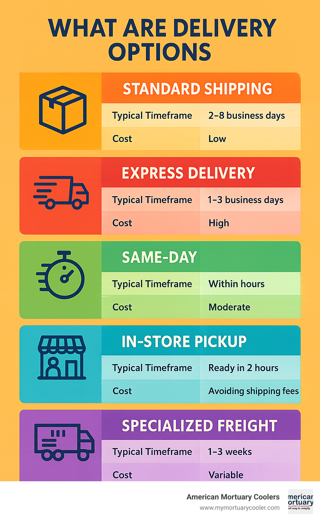 Delivery options comparison showing standard shipping, express delivery, same-day, in-store pickup, and specialized freight with their typical timeframes, costs, and best use cases - what are delivery options infographic 