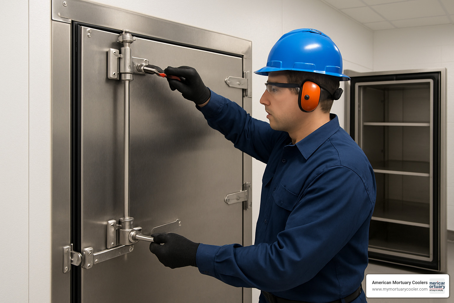 Technician servicing a mortuary cold room door - mortuary cold room doors