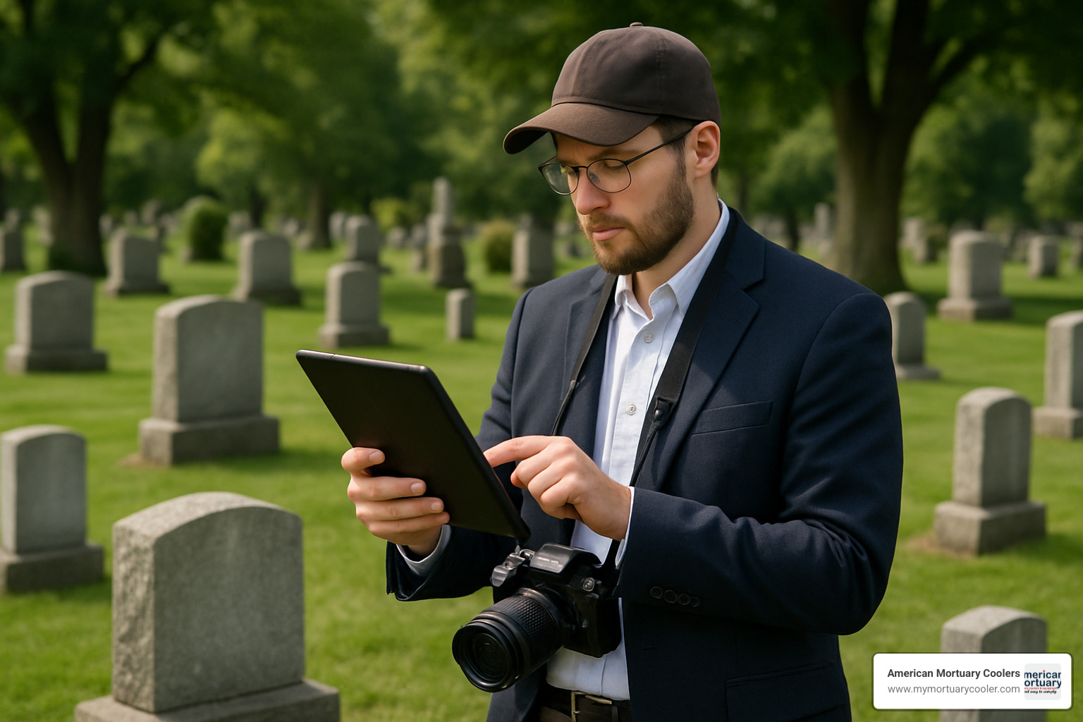cemetery professional documenting grave markers with digital equipment - grave detail