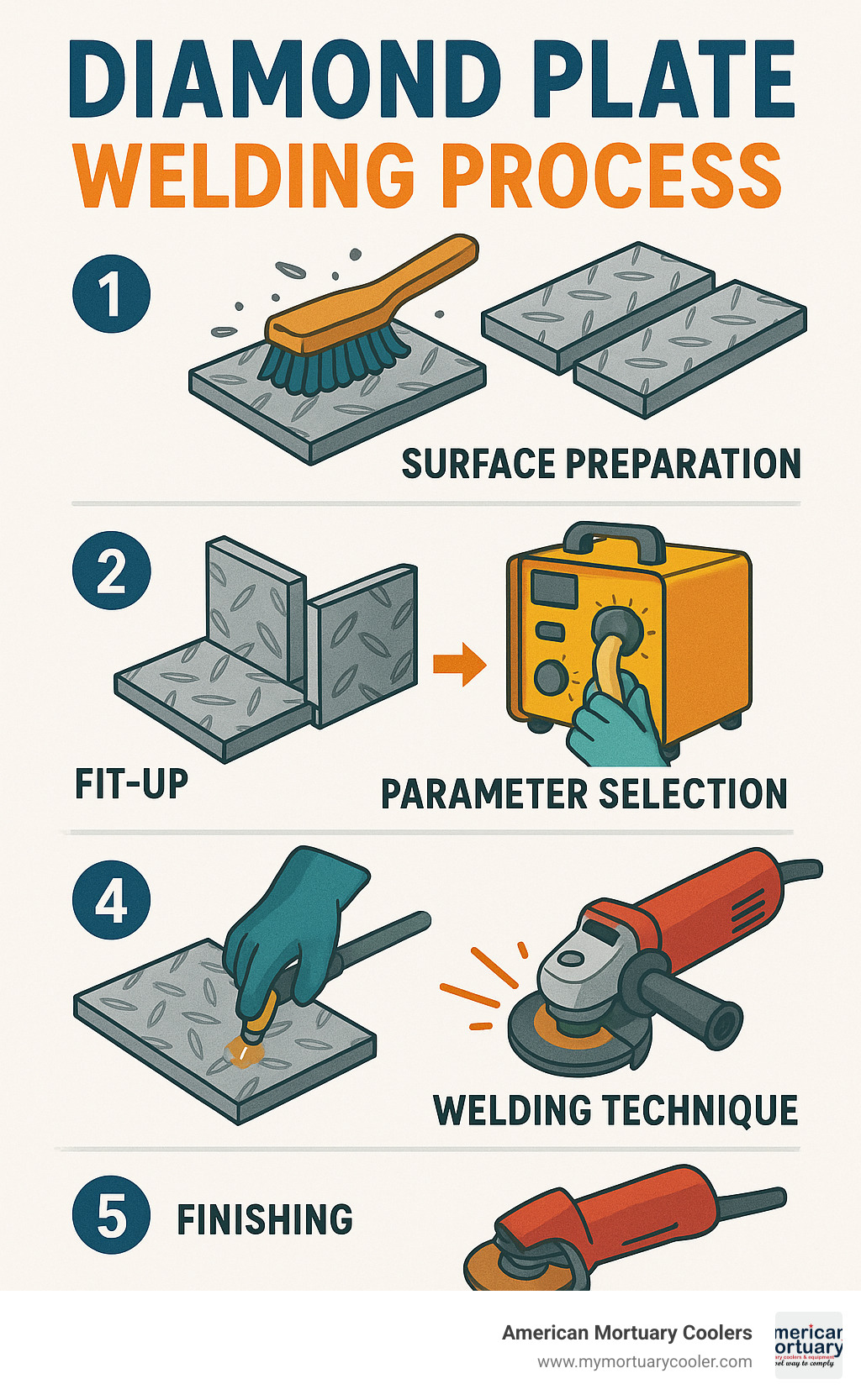 Diamond plate welding process showing 5 steps: surface preparation, fit-up, parameter selection, welding technique, and finishing - diamond plate welding infographic 