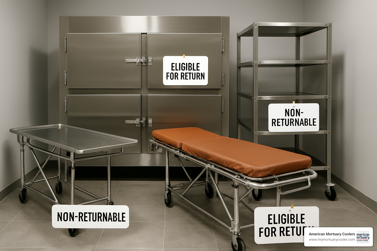 Various mortuary equipment with eligibility labels - what is your return policy