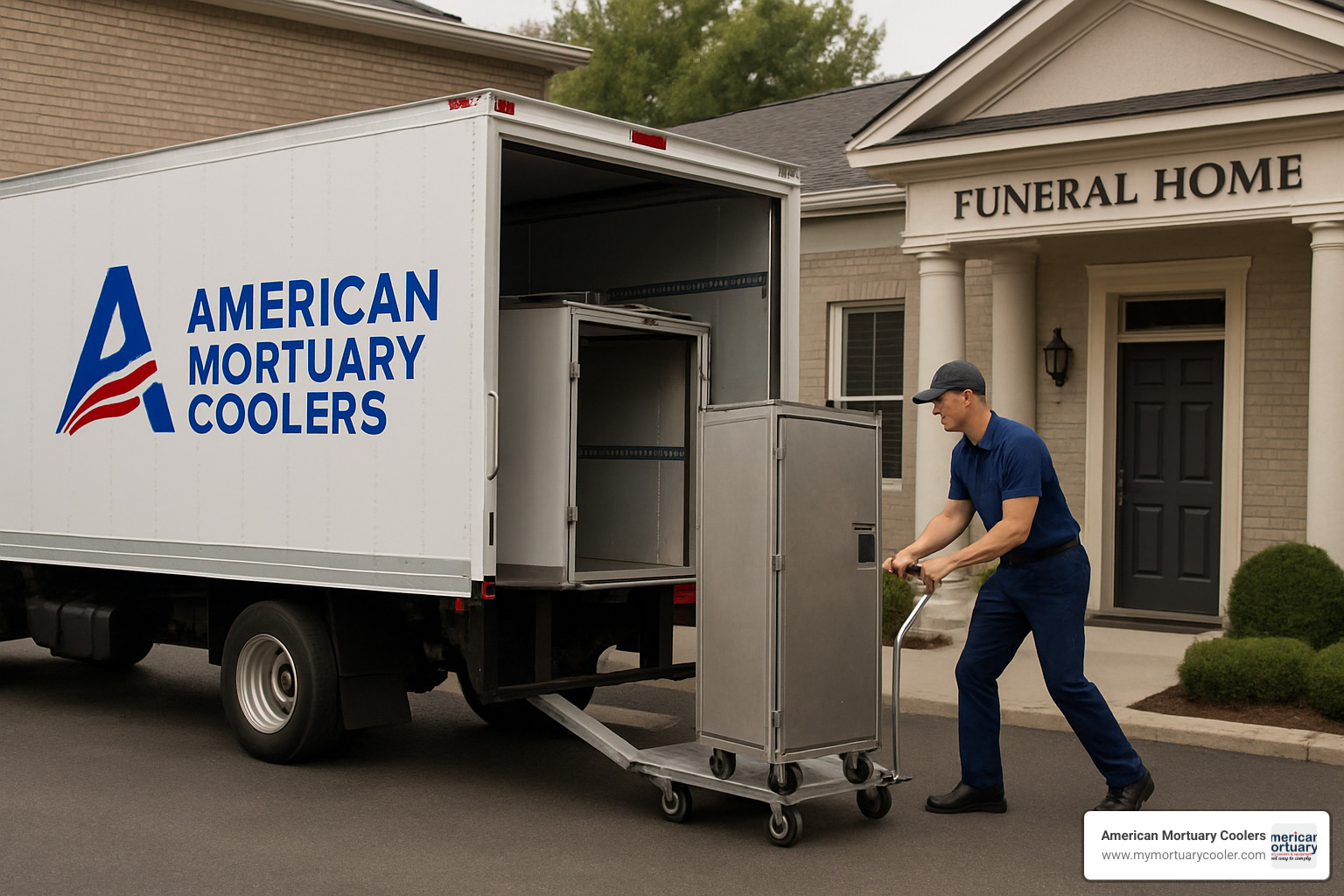 Truck delivering American Mortuary Coolers 4BX to a funeral home - American Mortuary Coolers 4BX