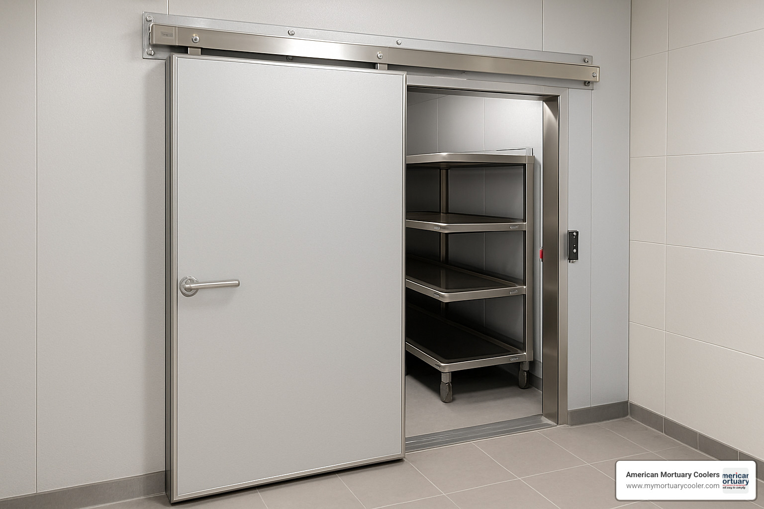 Custom sliding mortuary cold room door with integrated rack system - mortuary cold room doors