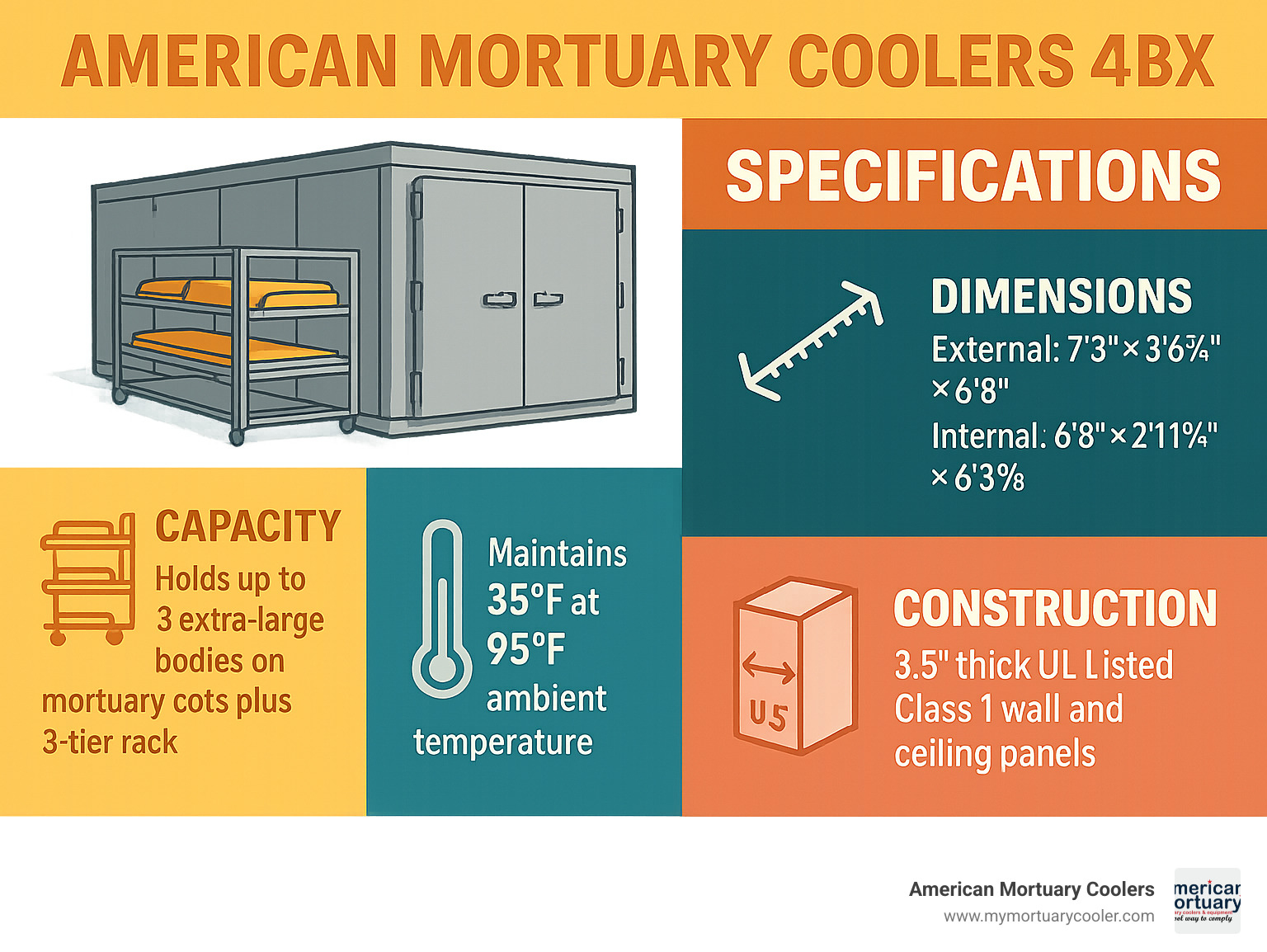 American Mortuary Coolers 4BX specifications showing dimensions, capacity, temperature range, and construction details - American Mortuary Coolers 4BX infographic 