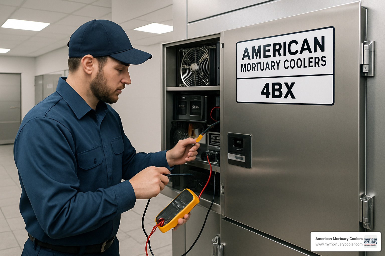 Technician servicing an American Mortuary Coolers 4BX unit - American Mortuary Coolers 4BX