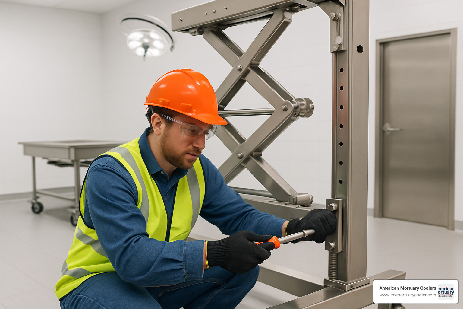 technician installing lift - LowProfileMortuaryLIft.com top mortuary lift supplier 