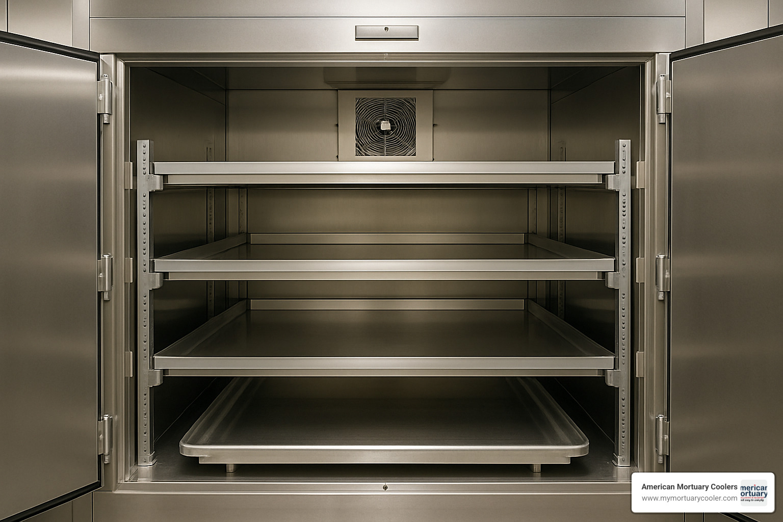 Interior rack system of the 4BX showing the 3-tier storage configuration - American Mortuary Coolers 4BX