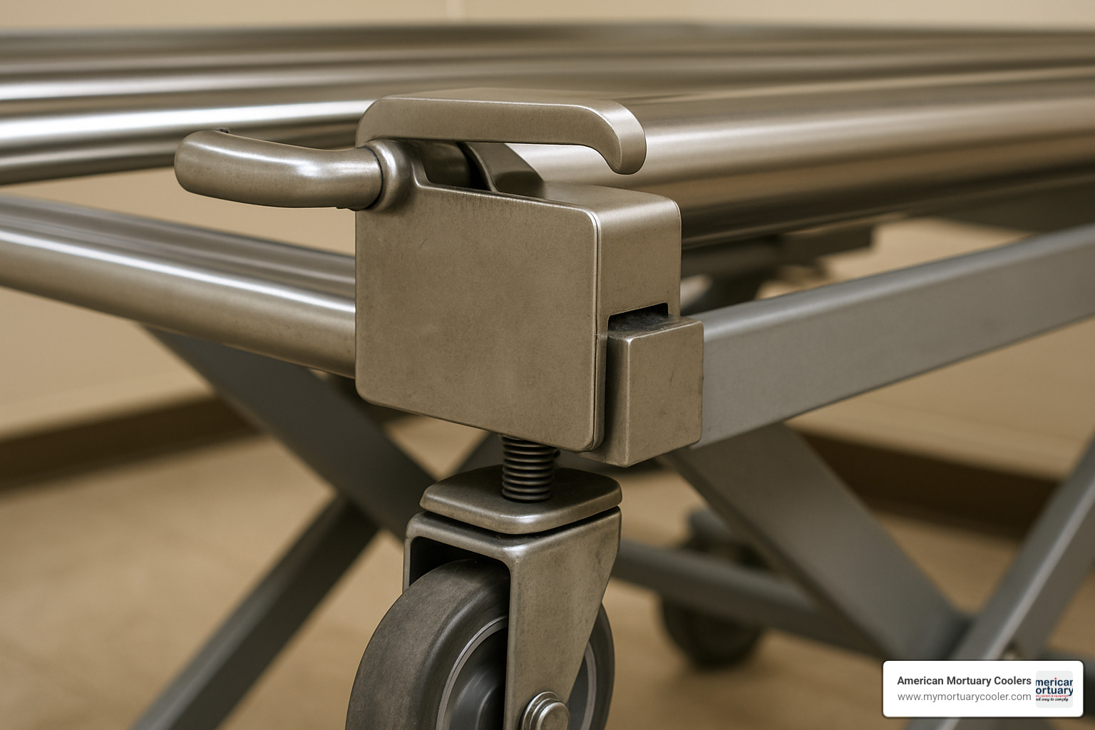 roller lock close-up - LowProfileMortuaryLIft.com top mortuary lift supplier 