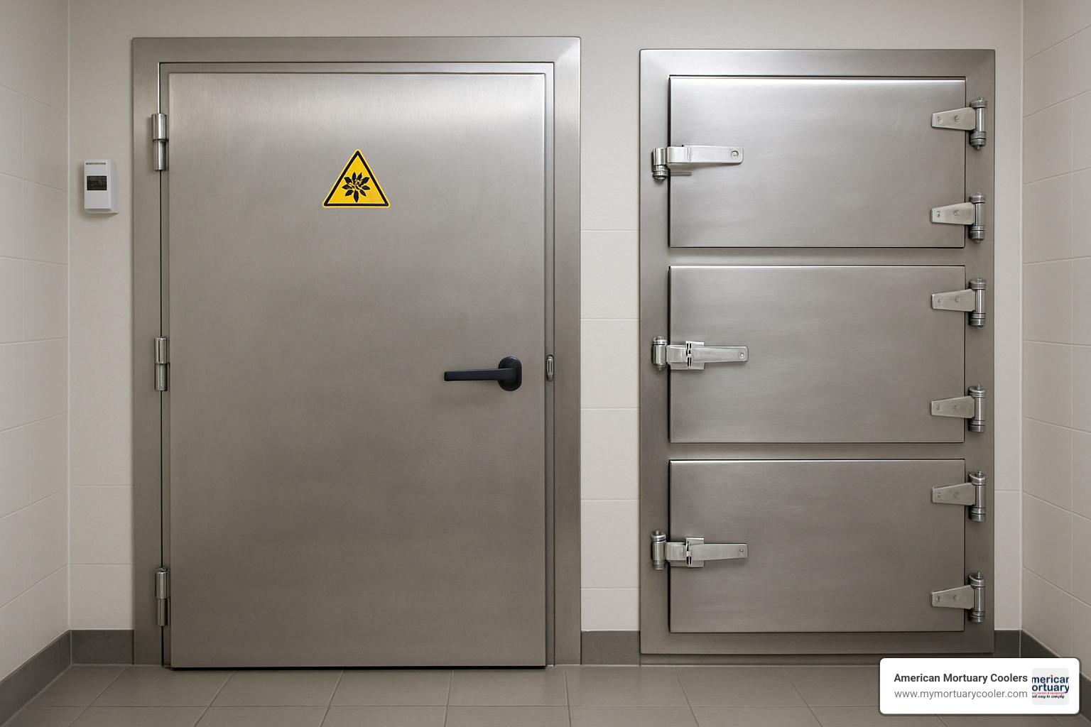 Safety features of mortuary cold room doors including emergency release handles - mortuary cold room doors