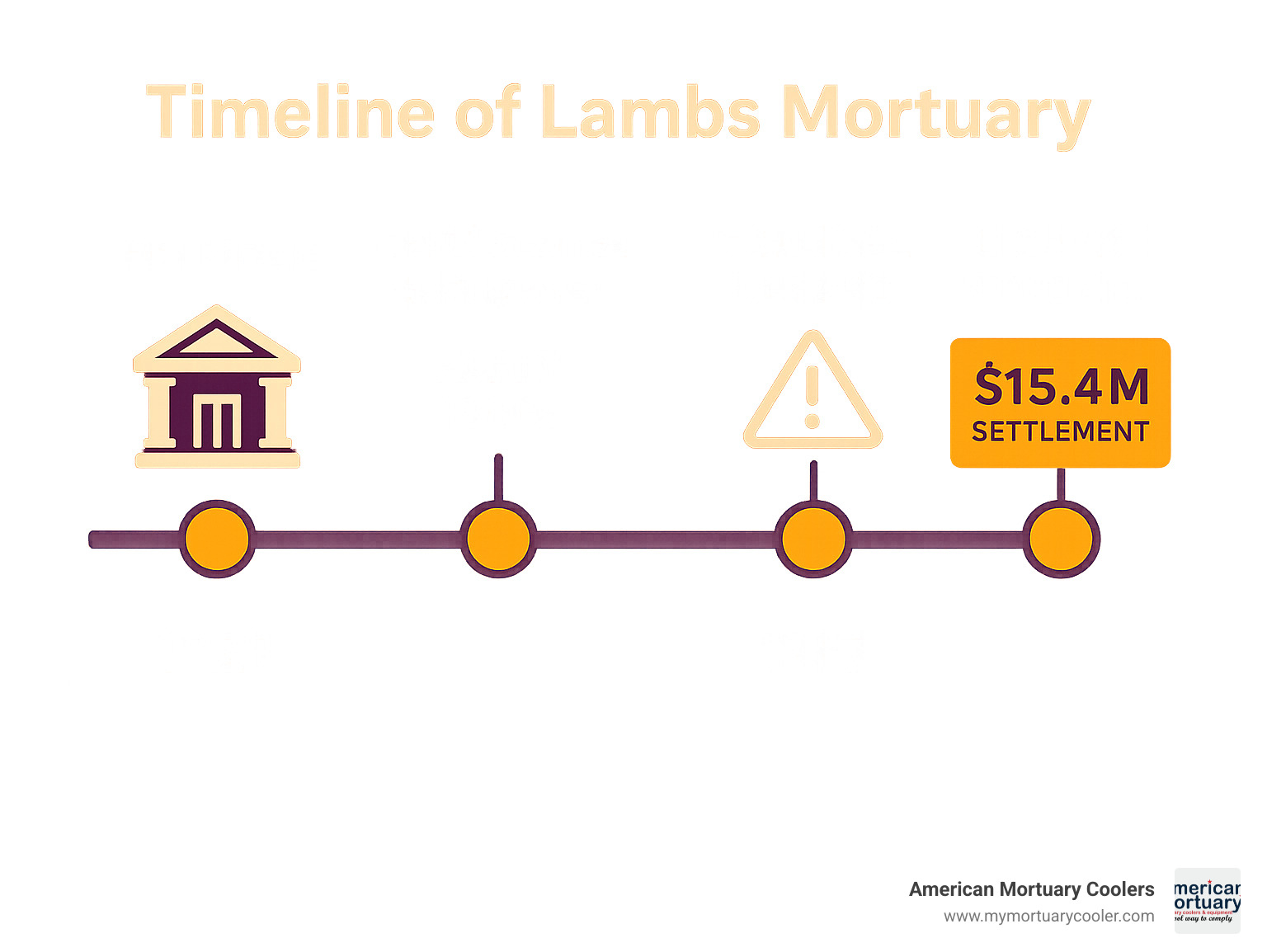 Timeline of Lambs Mortuary showing founding in 1929, David Sconce taking over in early 1980s, scandal breaking in 1987, license revocation in 1989, and $15.4M settlement in 1992 - Lambs Mortuary  infographic 