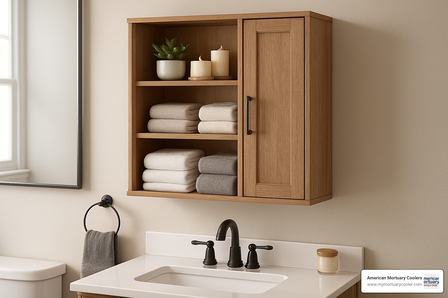 Beautifully styled bathroom wall cabinet with open shelves displaying towels and decorative items - wall cabinet with open shelf