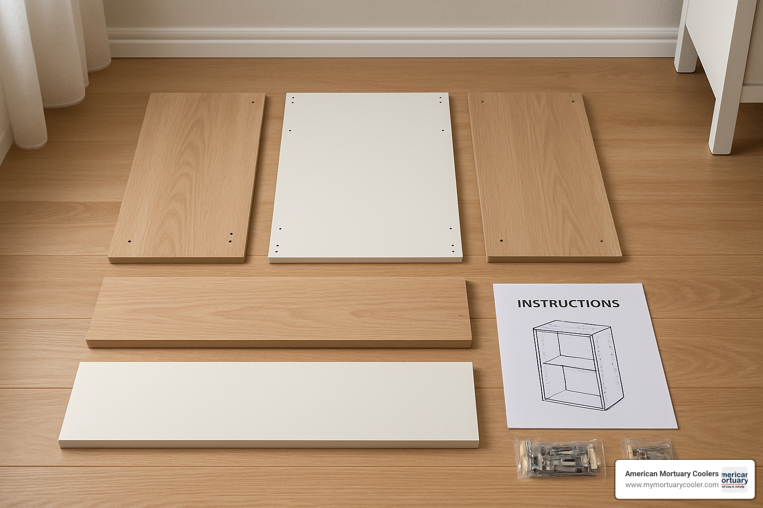 Components of a ready-to-assemble wall cabinet with open shelf laid out before assembly - wall cabinet with open shelf