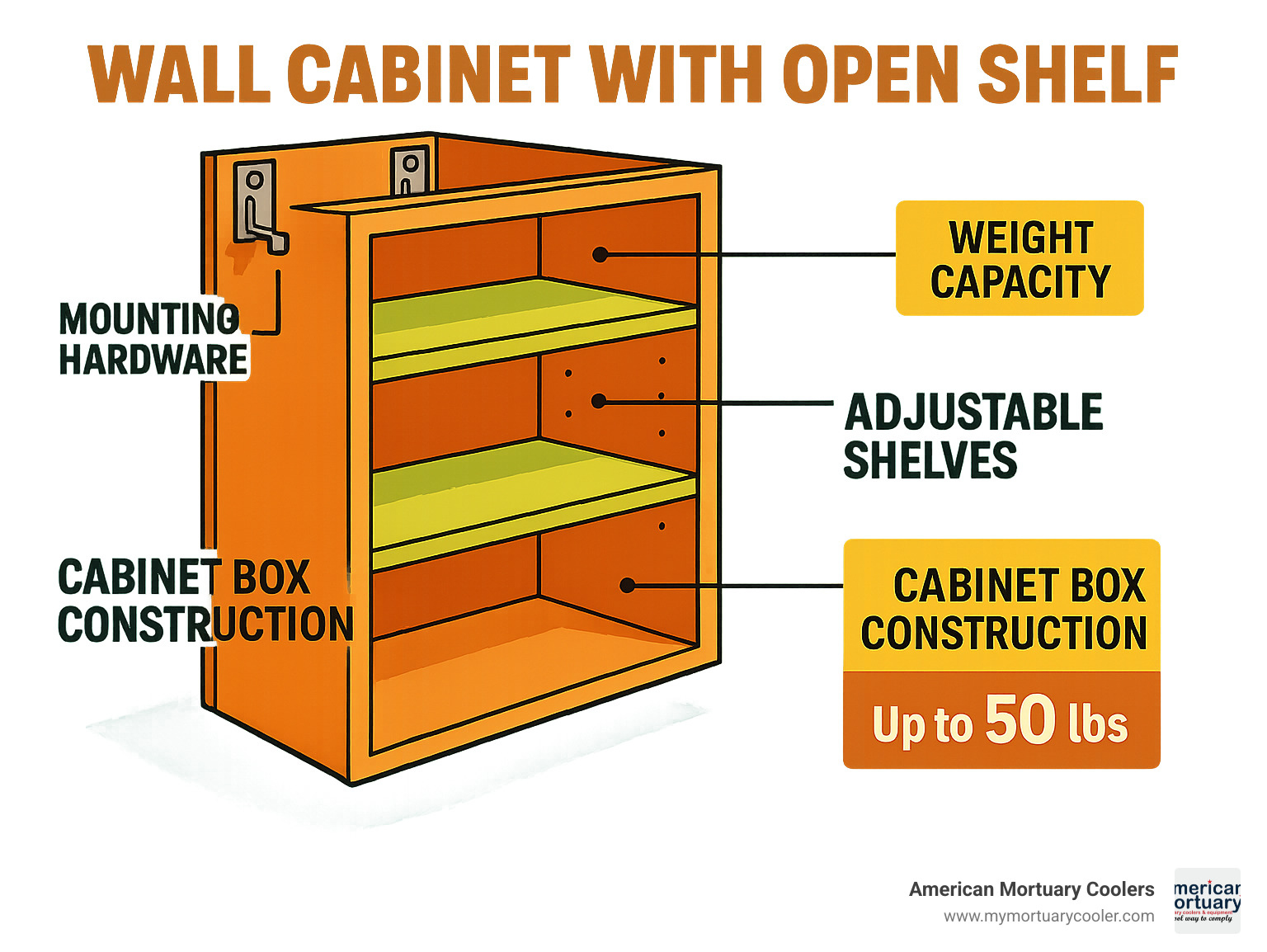 Detailed diagram showing anatomy of a wall cabinet with open shelf, including mounting hardware, adjustable shelves, cabinet box construction, and weight capacity specifications - wall cabinet with open shelf infographic 