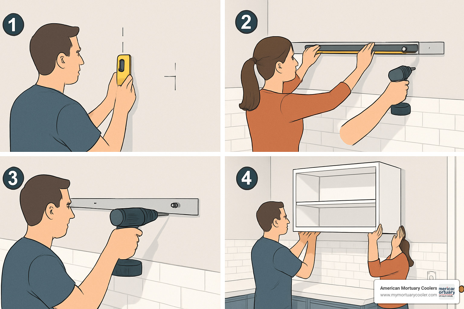Step-by-step illustration of properly mounting a wall cabinet with open shelf - wall cabinet with open shelf