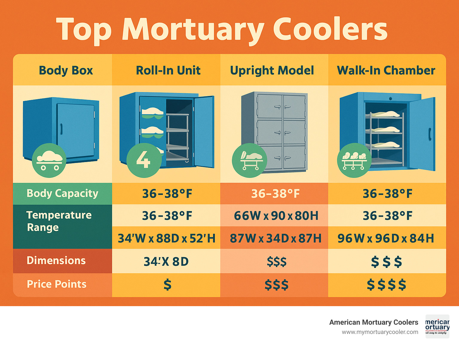 Comparison of mortuary cooler types showing body capacity, temperature range, dimensions, and price points for body boxes, roll-in units, upright models, and walk-in chambers - Top Mortuary Coolers infographic 