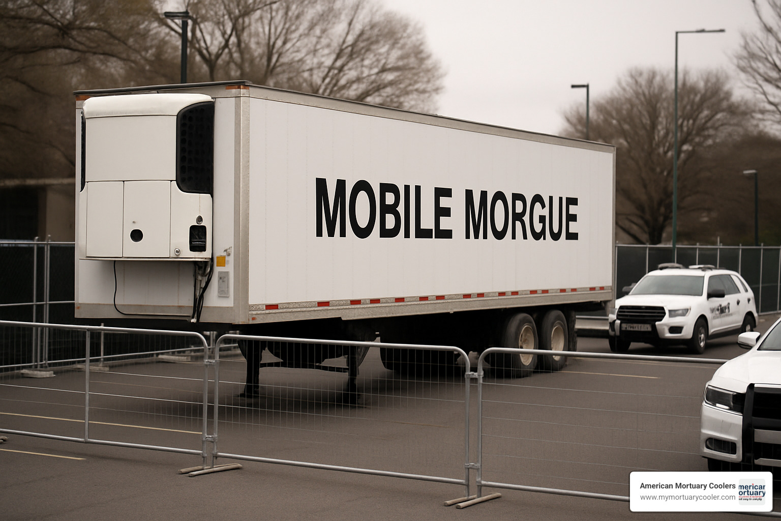Mobile morgue trailer used during mass casualty events - mortuary and morgue