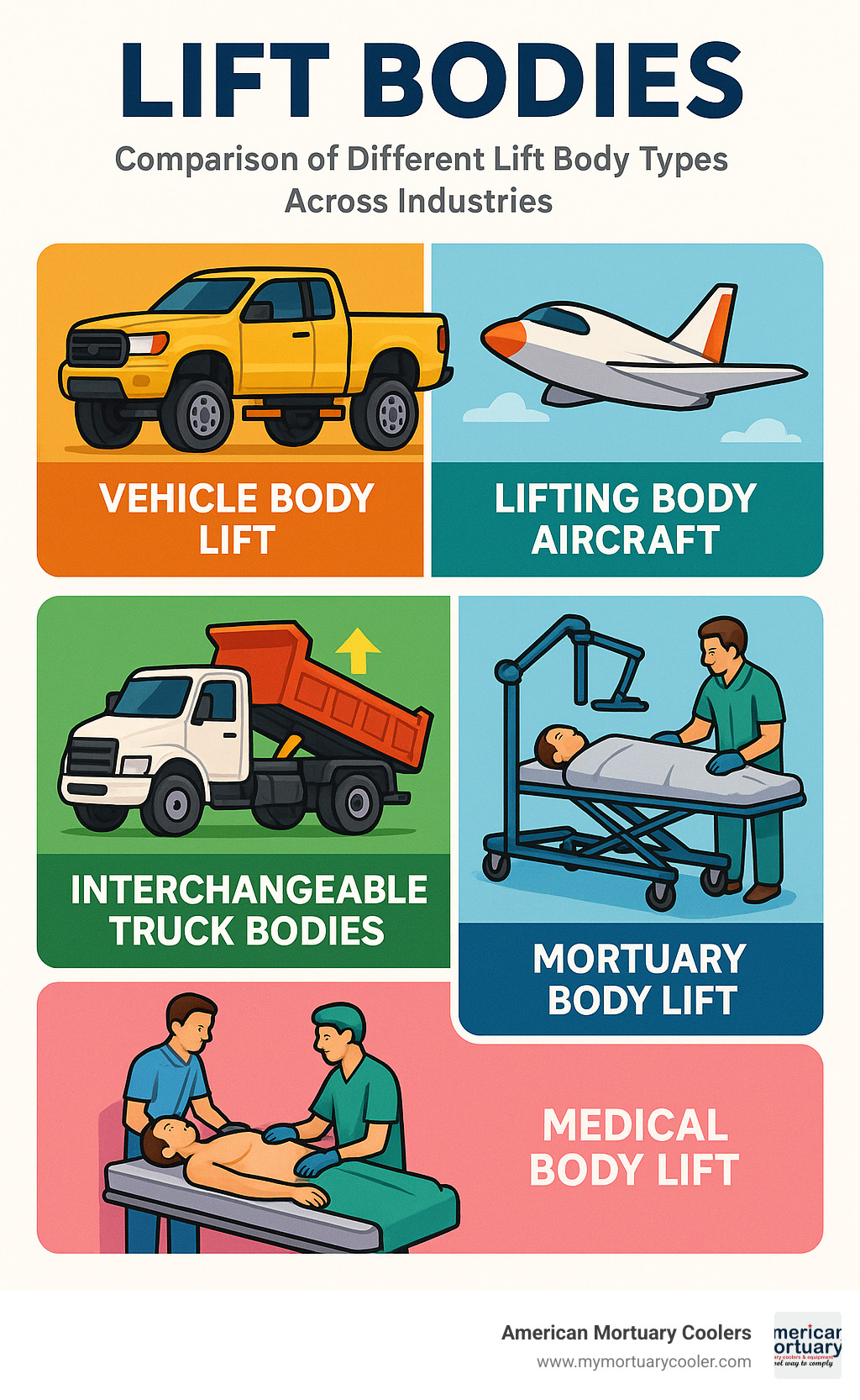 Comparison of different lift body types across industries showing vehicle body lifts, lifting body aircraft, interchangeable truck bodies, mortuary lifts, and medical body lift procedures - lift bodies infographic 