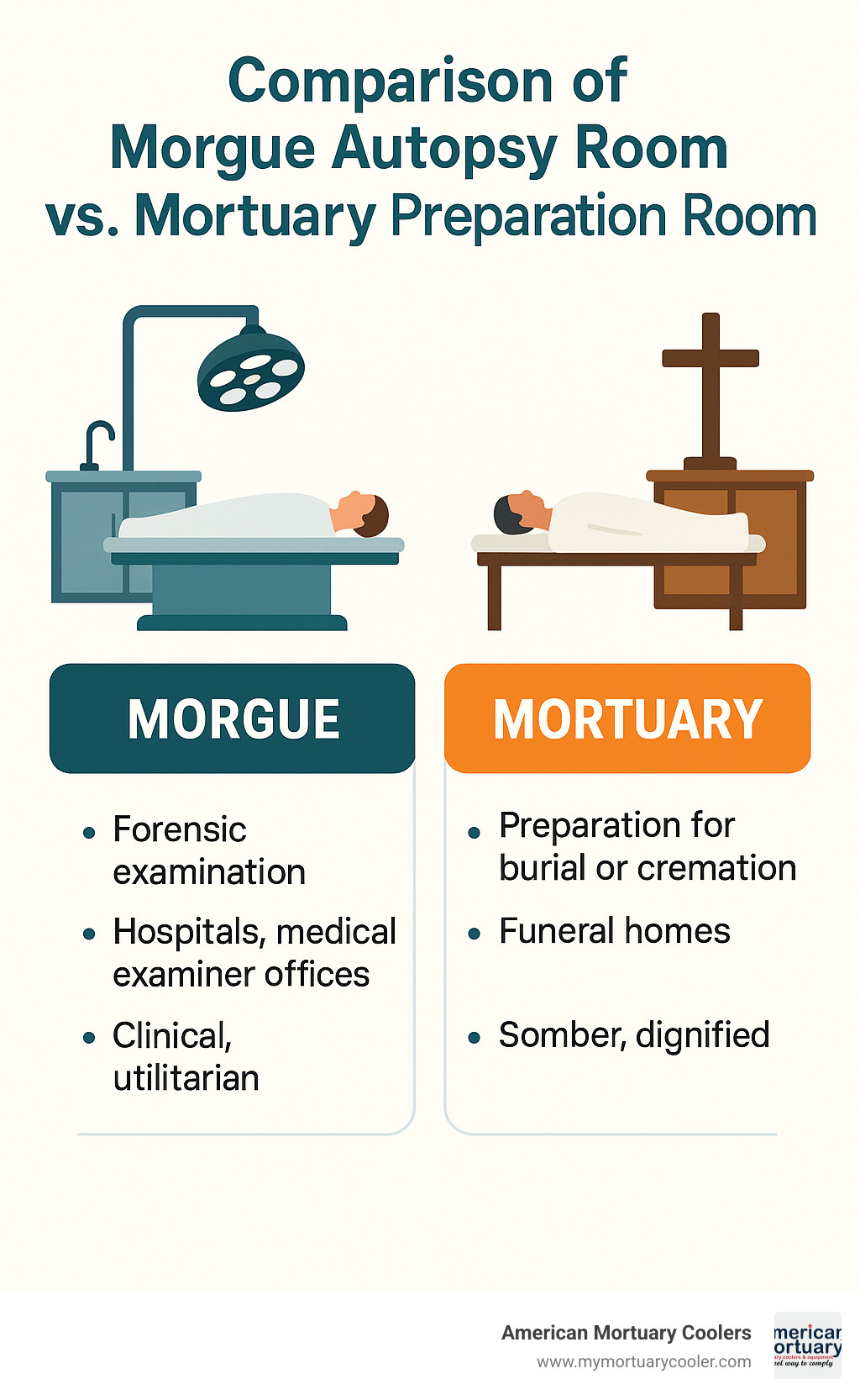 Comparison of morgue autopsy room versus mortuary preparation room - mortuary and morgue infographic 