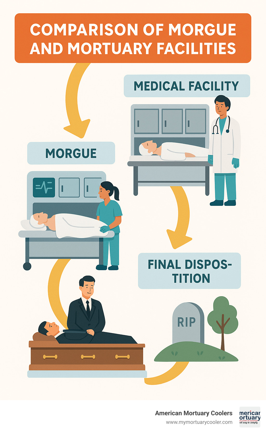 Comparison of morgue and mortuary facilities showing the journey of a deceased person from medical facility to final disposition - mortuary and morgue infographic 