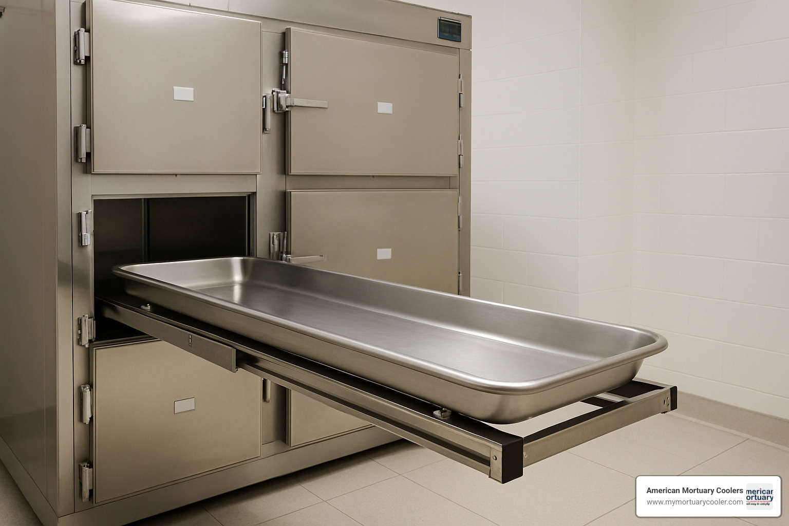 Telescoping shelf extending from mortuary cooler with body tray - Durable Mortuary Coolers