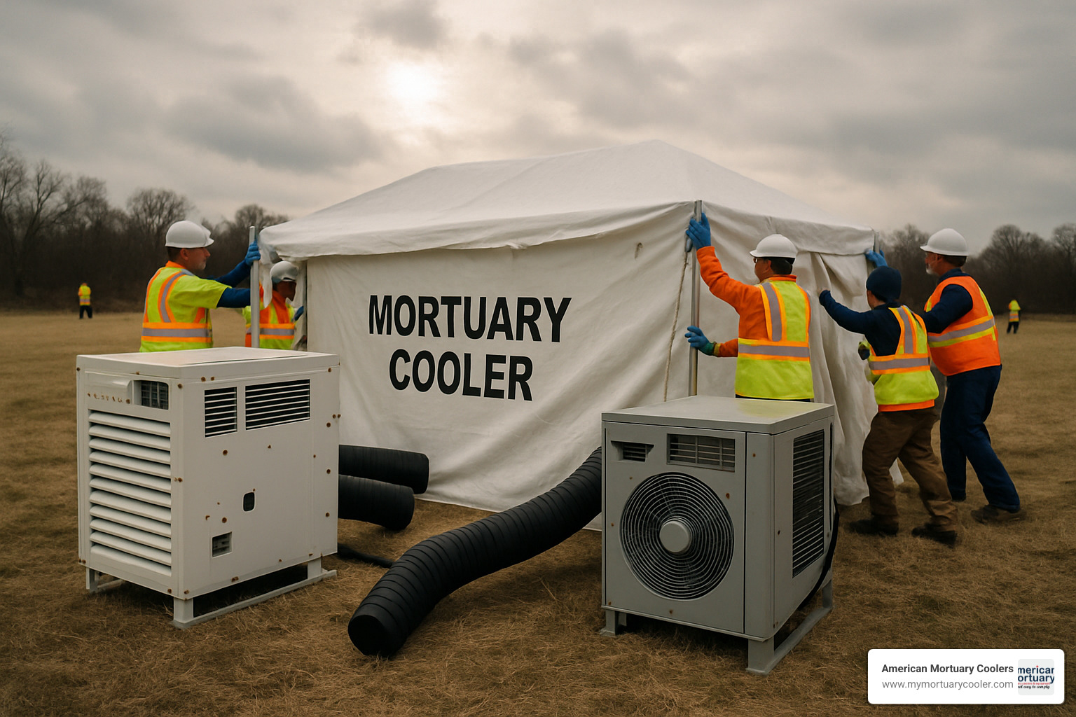 Rapid-deploy mortuary cooler being set up in emergency field conditions - Durable Mortuary Coolers