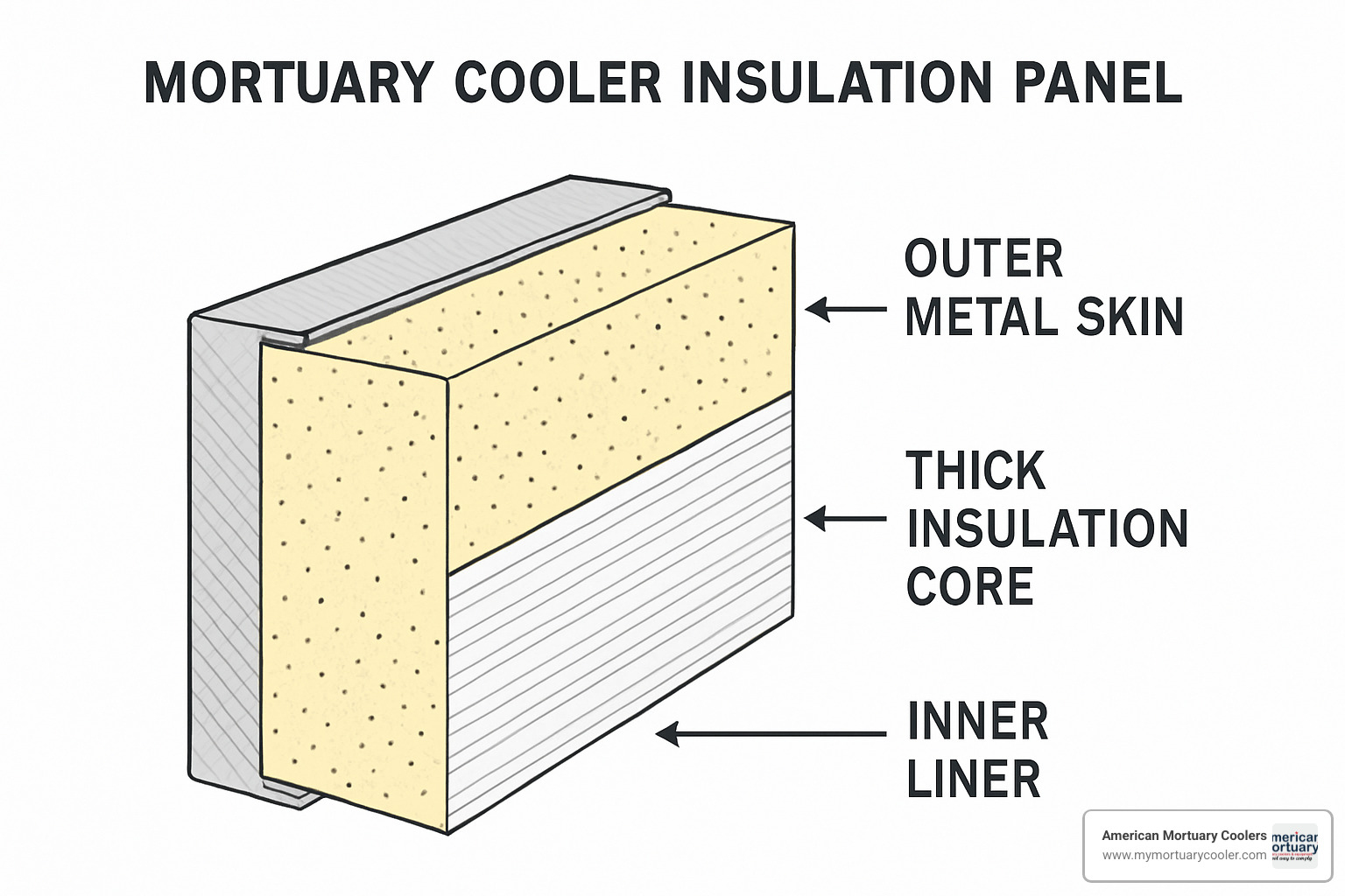 Cross-section of mortuary cooler insulation panel showing multiple layers - Durable Mortuary Coolers