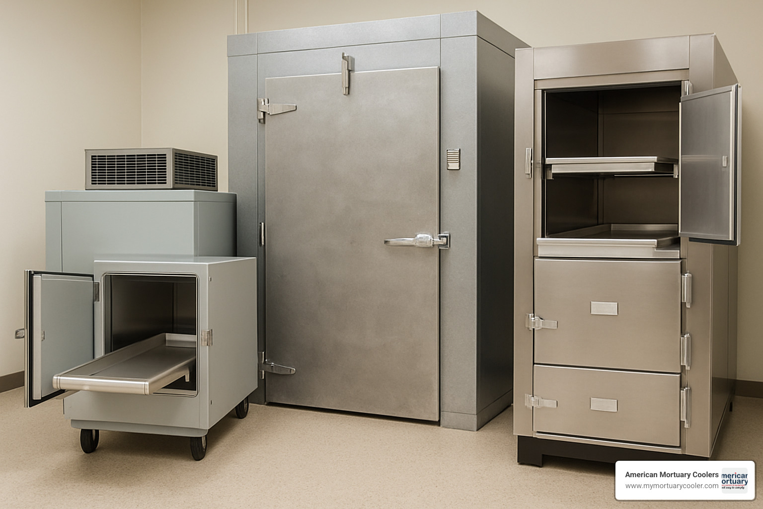 Different types of mortuary coolers including body box, walk-in, and upright models - Durable Mortuary Coolers