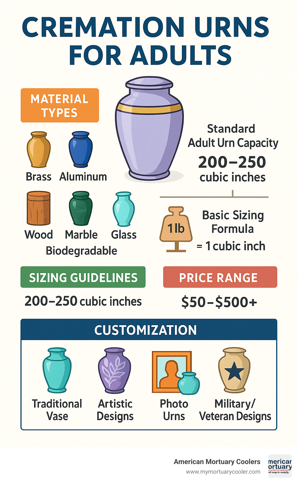 Detailed infographic showing cremation urn selection process with material types, sizing guidelines, price ranges, and customization options for adult urns - cremation urns for adults infographic 