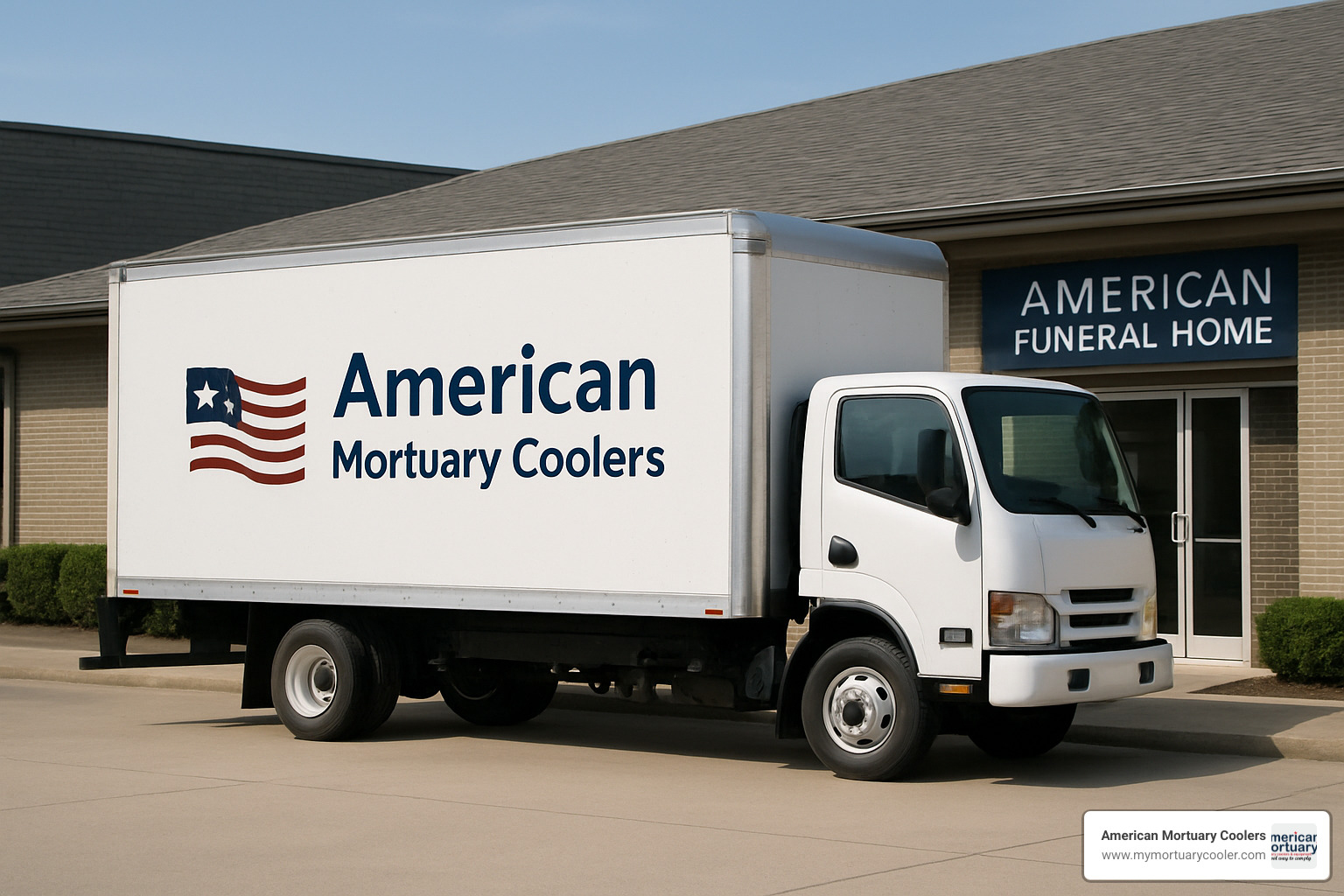 Delivery truck with American Mortuary Coolers branding - American Mortuary Coolers 12 Body Morgue Cooler