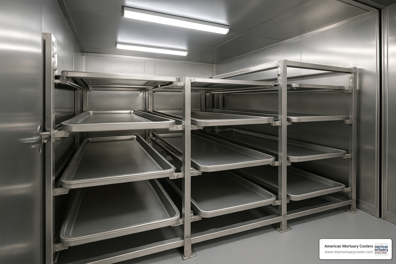 Interior of a mortuary cooler with LED lighting showing roller rack system - American Mortuary Coolers 12 Body Morgue Cooler
