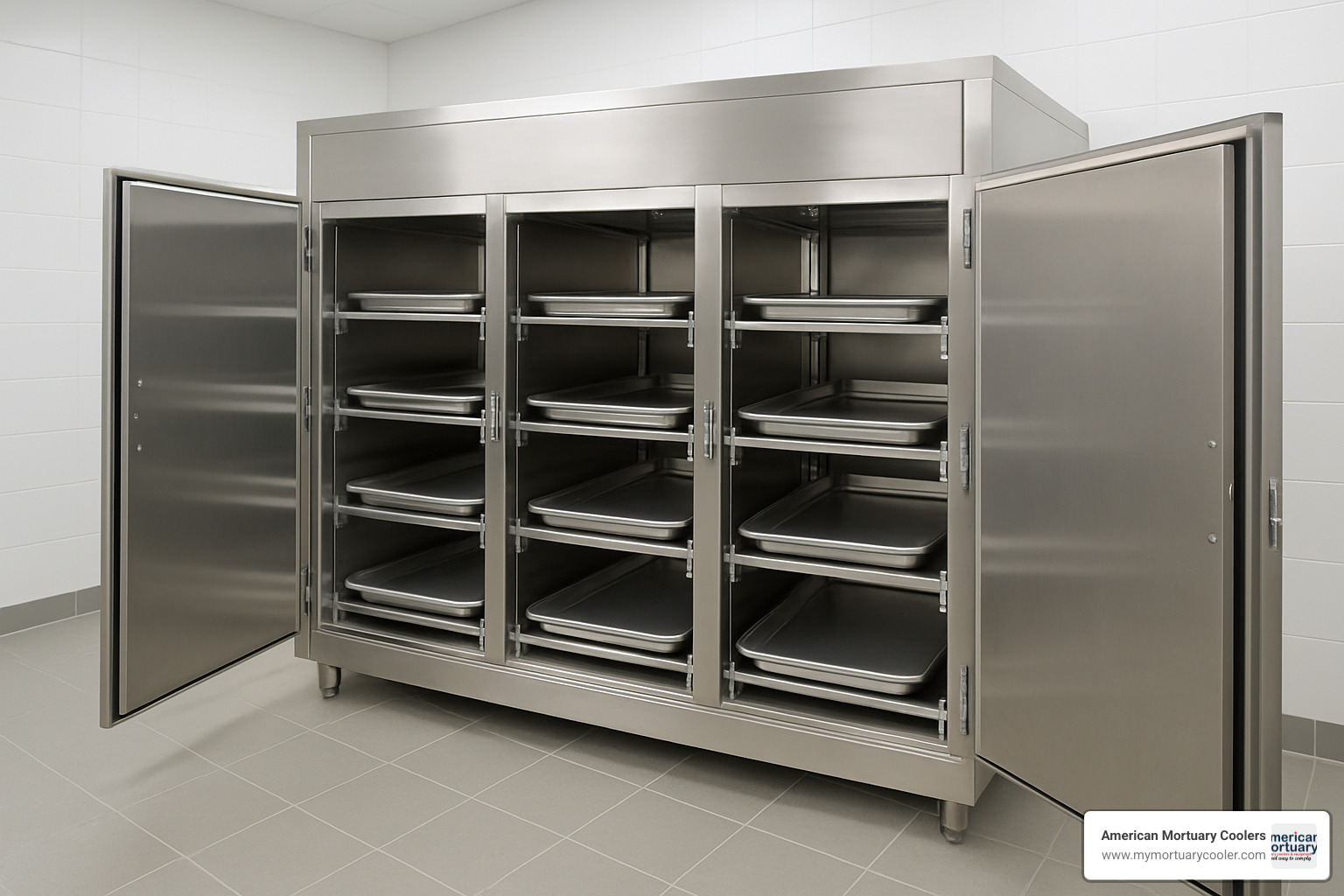 12 body upright mortuary cooler with doors open showing roller rack system - American Mortuary Coolers 12 Body Morgue Cooler