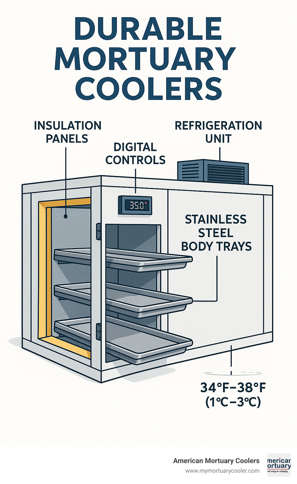 Detailed diagram showing mortuary cooler components including insulation panels, refrigeration unit, digital controls, and body trays with temperature specifications and material callouts - Durable Mortuary Coolers infographic 