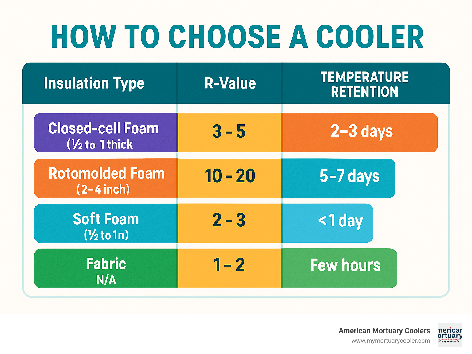 Chart showing different cooler insulation types and their R-values with temperature retention times - How to choose cooler infographic 