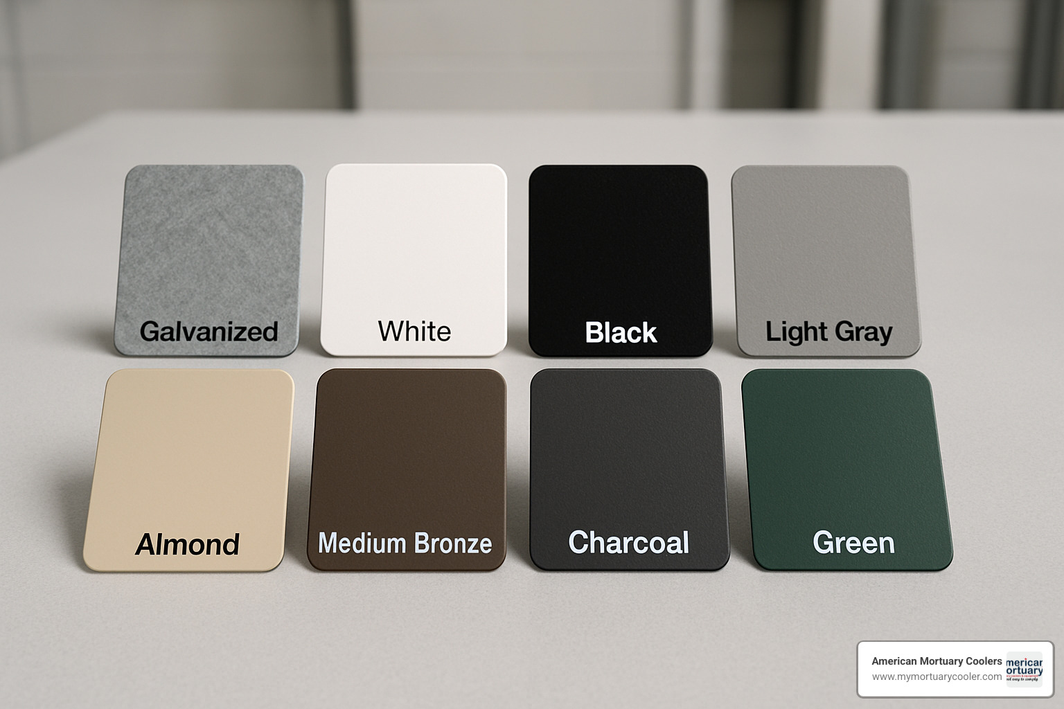 Color finish swatches for American Mortuary Coolers - American Mortuary Coolers 3 Body Morgue Cooler Color finish swatches for American Mortuary Coolers - American Mortuary Coolers 3 Body Morgue Cooler