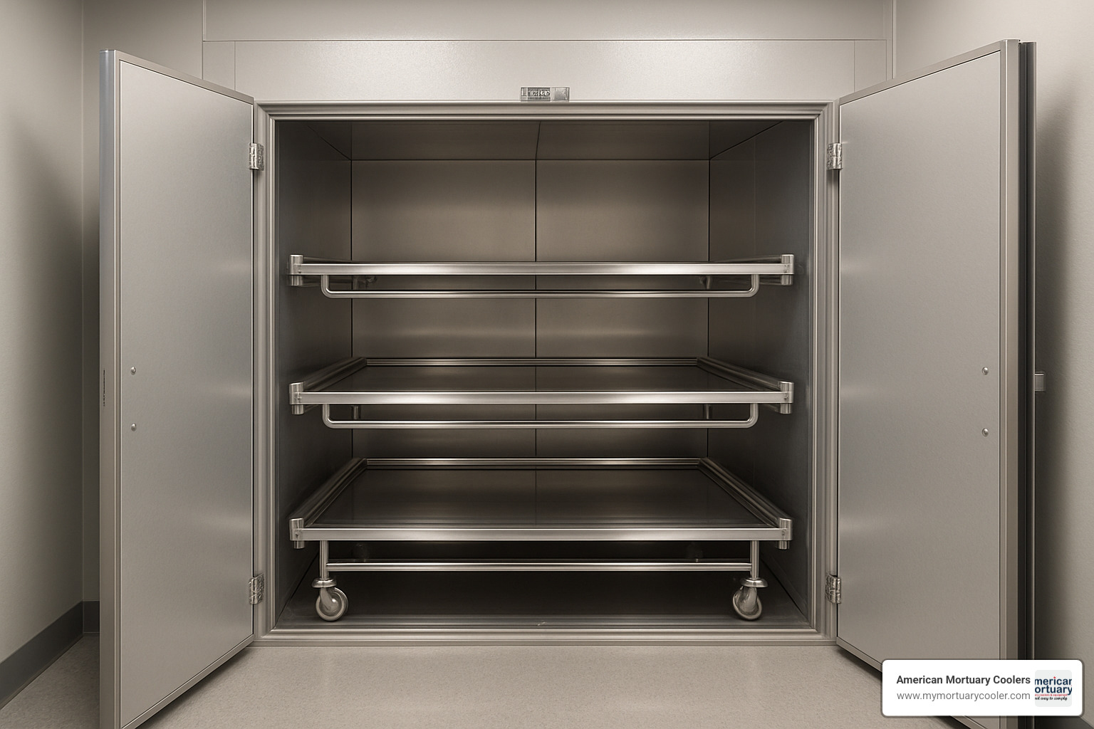 Interior rolling rack of American Mortuary Coolers 3 Body Morgue Cooler - American Mortuary Coolers 3 Body Morgue Cooler Interior rolling rack of American Mortuary Coolers 3 Body Morgue Cooler - American Mortuary Coolers 3 Body Morgue Cooler