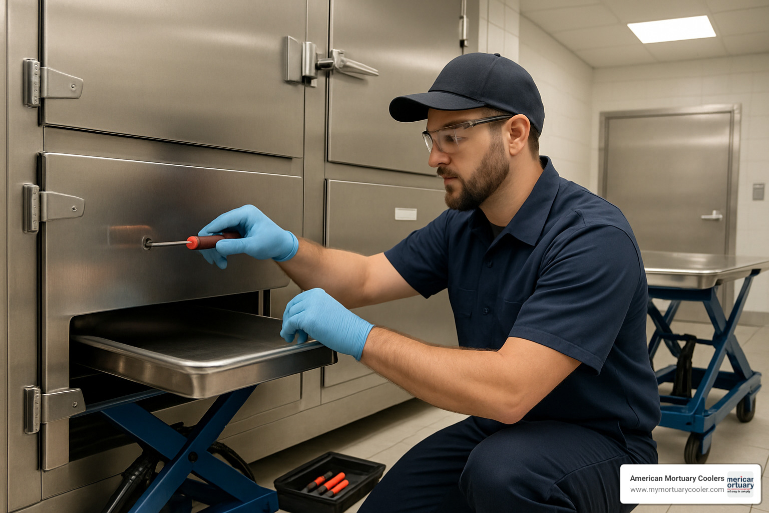 Maintenance being performed on mortuary equipment - American Mortuary Coolers & Scissor Lift 