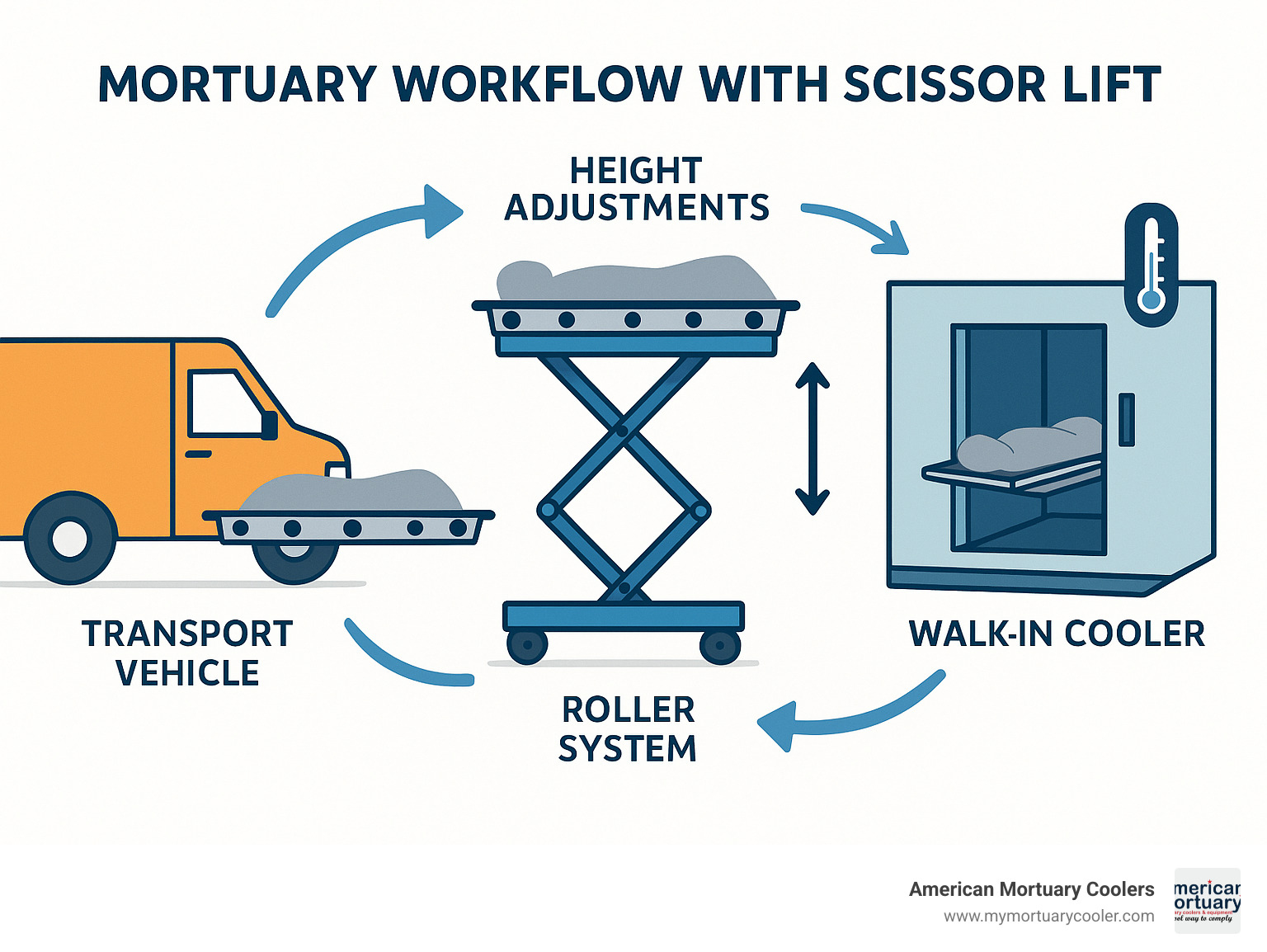 Diagram showing mortuary workflow with scissor lift transferring remains between transport vehicle, preparation table, and walk-in cooler with height adjustments and roller system illustrated - American Mortuary Coolers & Scissor Lift  infographic 