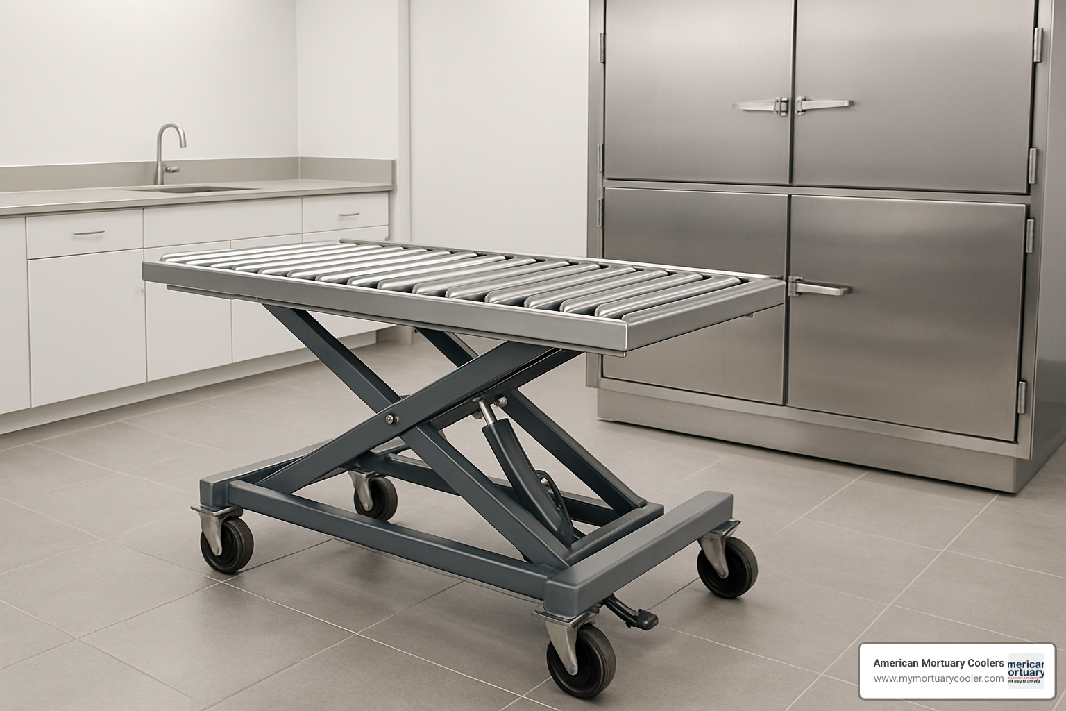 Multi-directional roller top on mortuary scissor lift - American Mortuary Coolers & Scissor Lift 