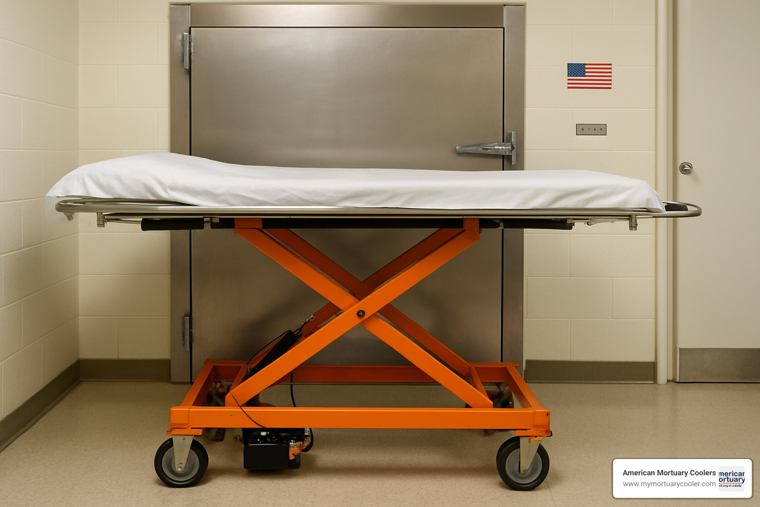 Mortuary lift being used with cooler door - American Mortuary Coolers & Scissor Lift 
