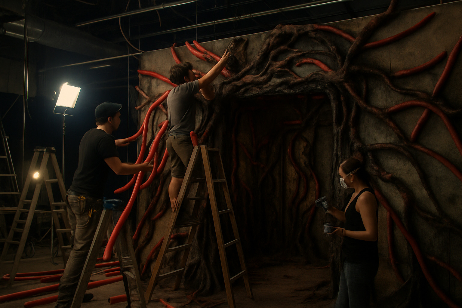 Behind-the-scenes of the vine room construction showing pool noodles being transformed into Upside Down tendrils - stranger things season 5