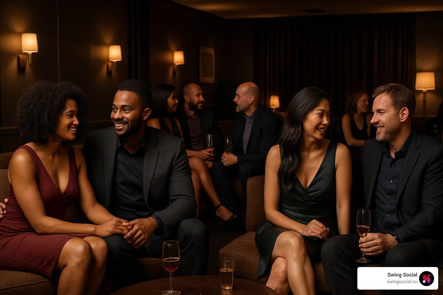 couples socializing at a swinger party lounge area - Swinger party reviews