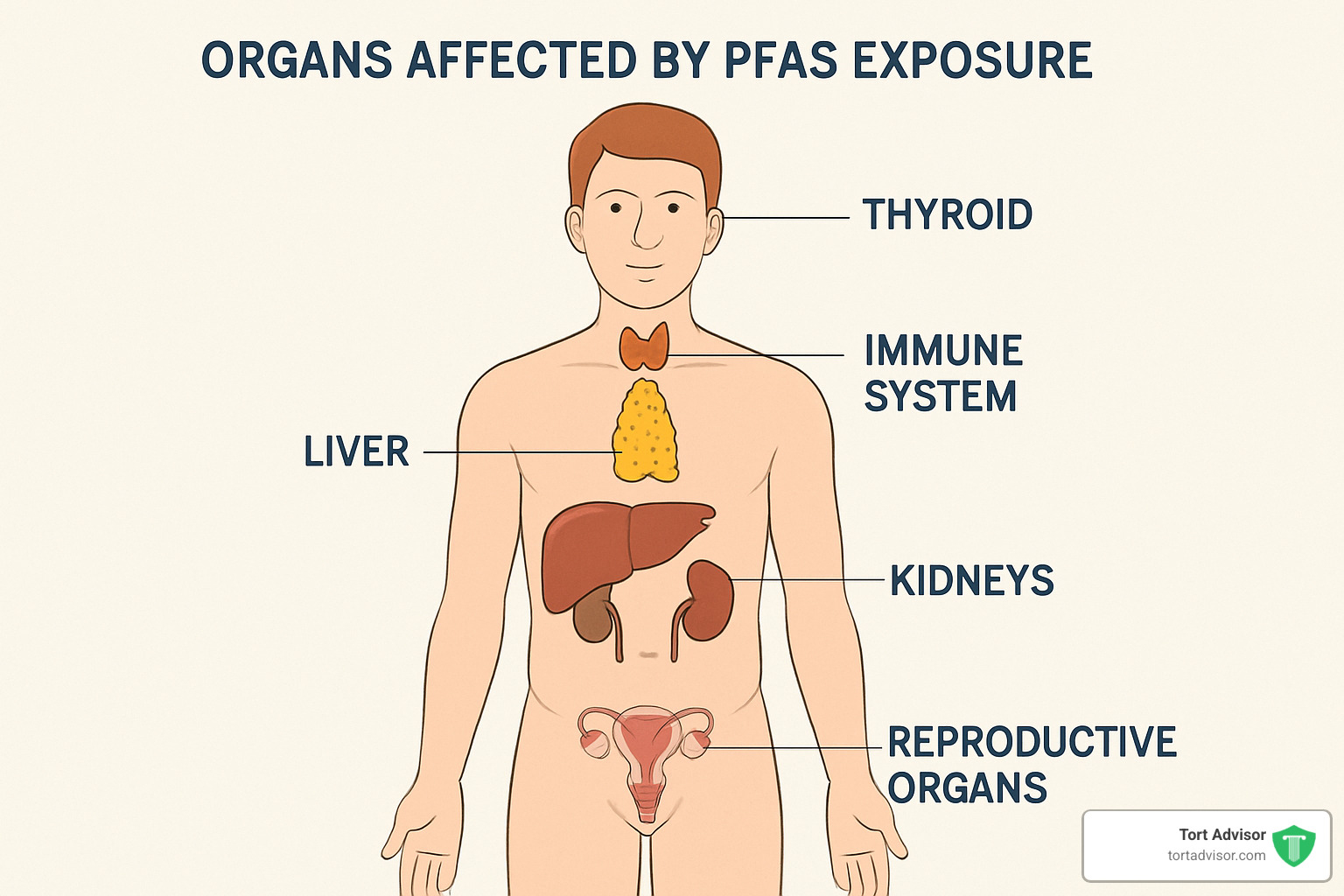 Human body diagram showing organs affected by PFAS exposure - pfas exposure risks