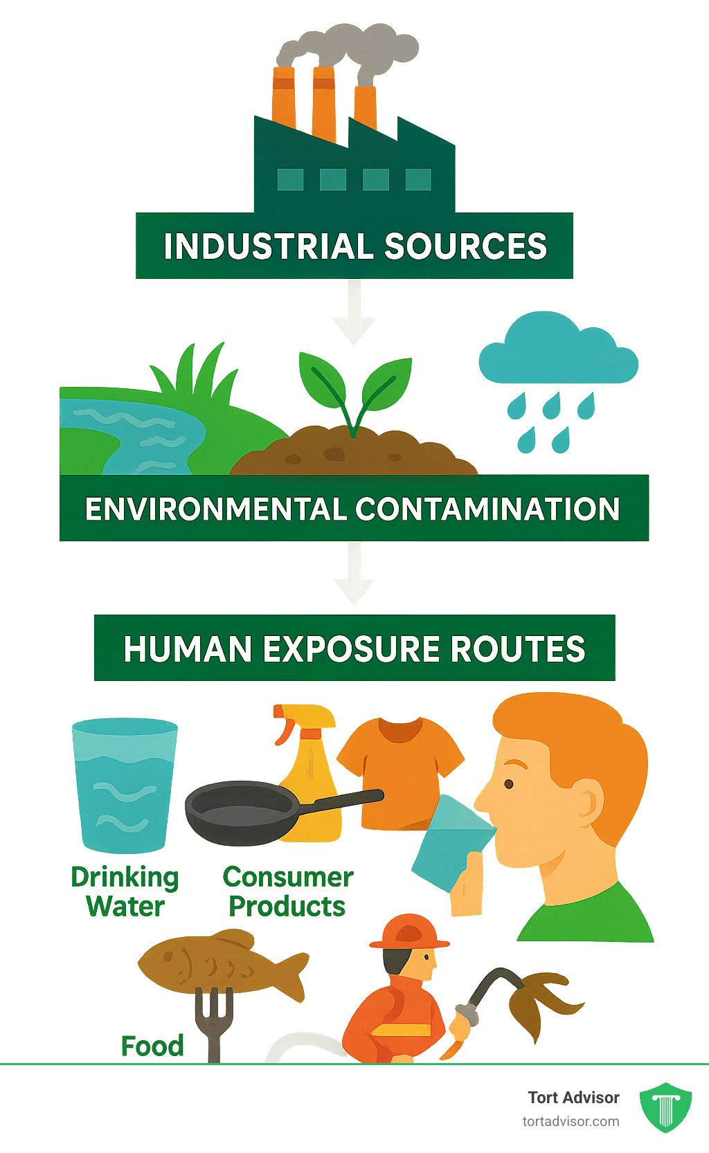 PFAS exposure pathway showing industrial sources, environmental contamination, and human exposure routes - pfas exposure risks infographic 