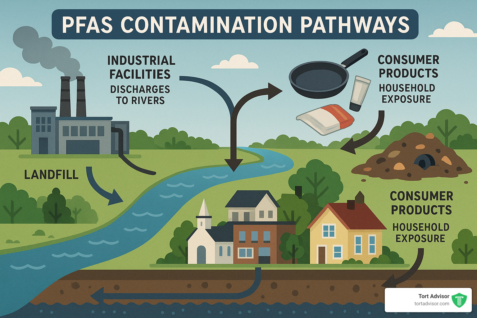 PFAS contamination pathways showing industrial discharge, landfill leaching, and consumer product use - pfas exposure risks