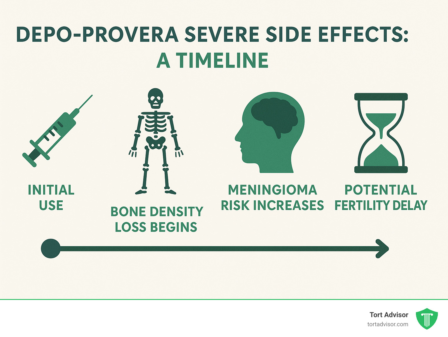 Timeline showing progression of Depo-Provera risks from initial use through long-term complications, including when bone density loss begins, when meningioma risk increases, and potential fertility delay periods - Depo Provera severe side effects infographic 